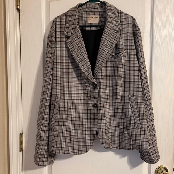 We The Free Free People Cali Grey Plaid Blazer Two Button Jacket Womens XL - Picture 2 of 9